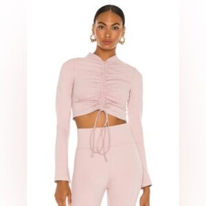 NICHOLAS Light Pink Stretchy Ruched Crop Top Tie Front 2 Australian Designer